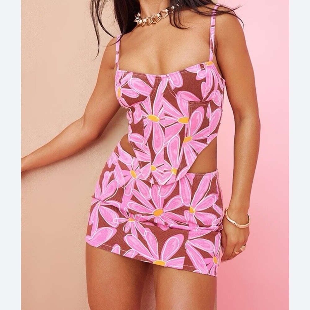 PrettyLittleThing Pink Floral Cut-Out Dress